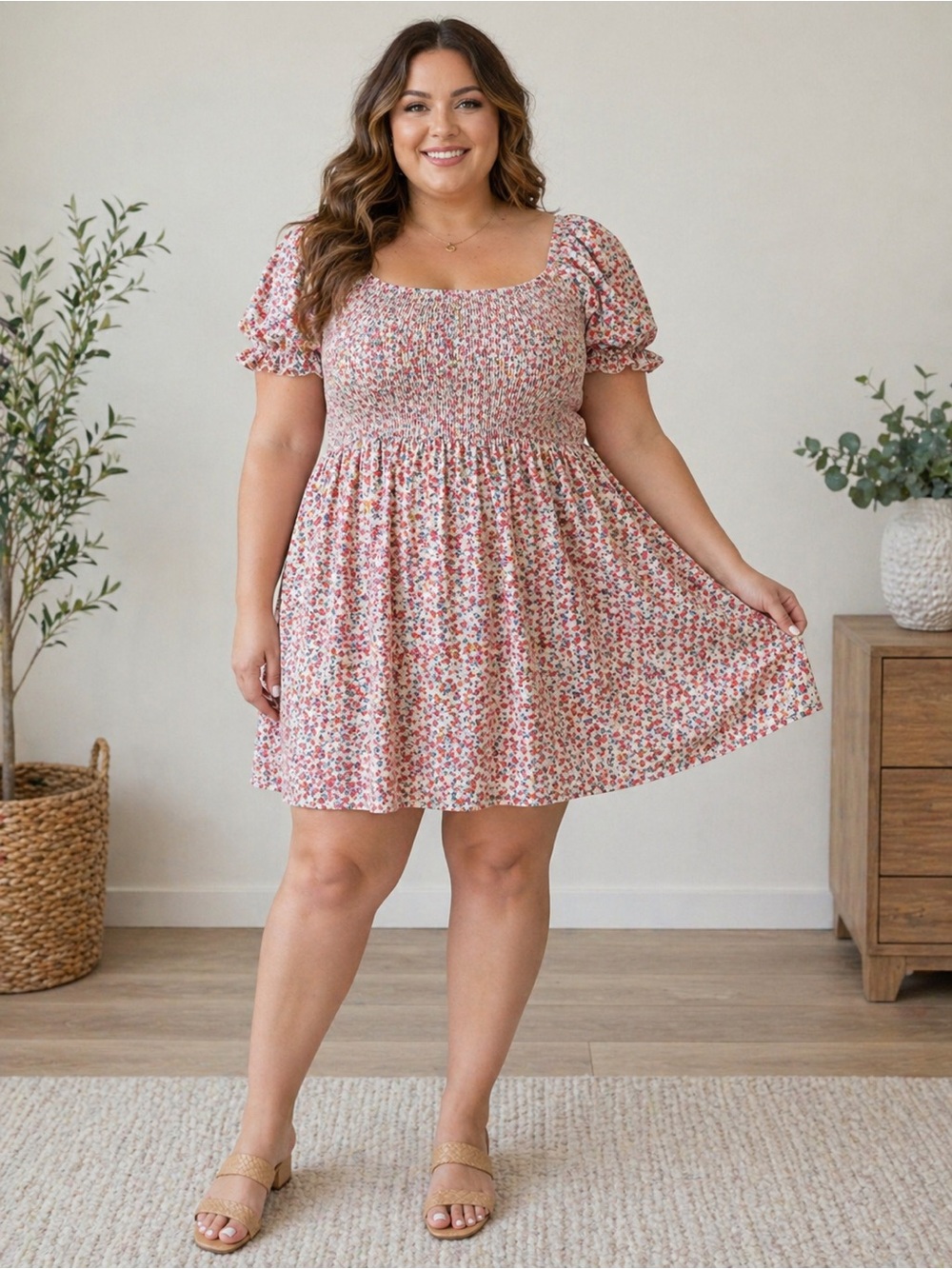 Just Found Boho Floral Mini Dress 3X Smocked Cottagecore Puff Sleeve Rayon